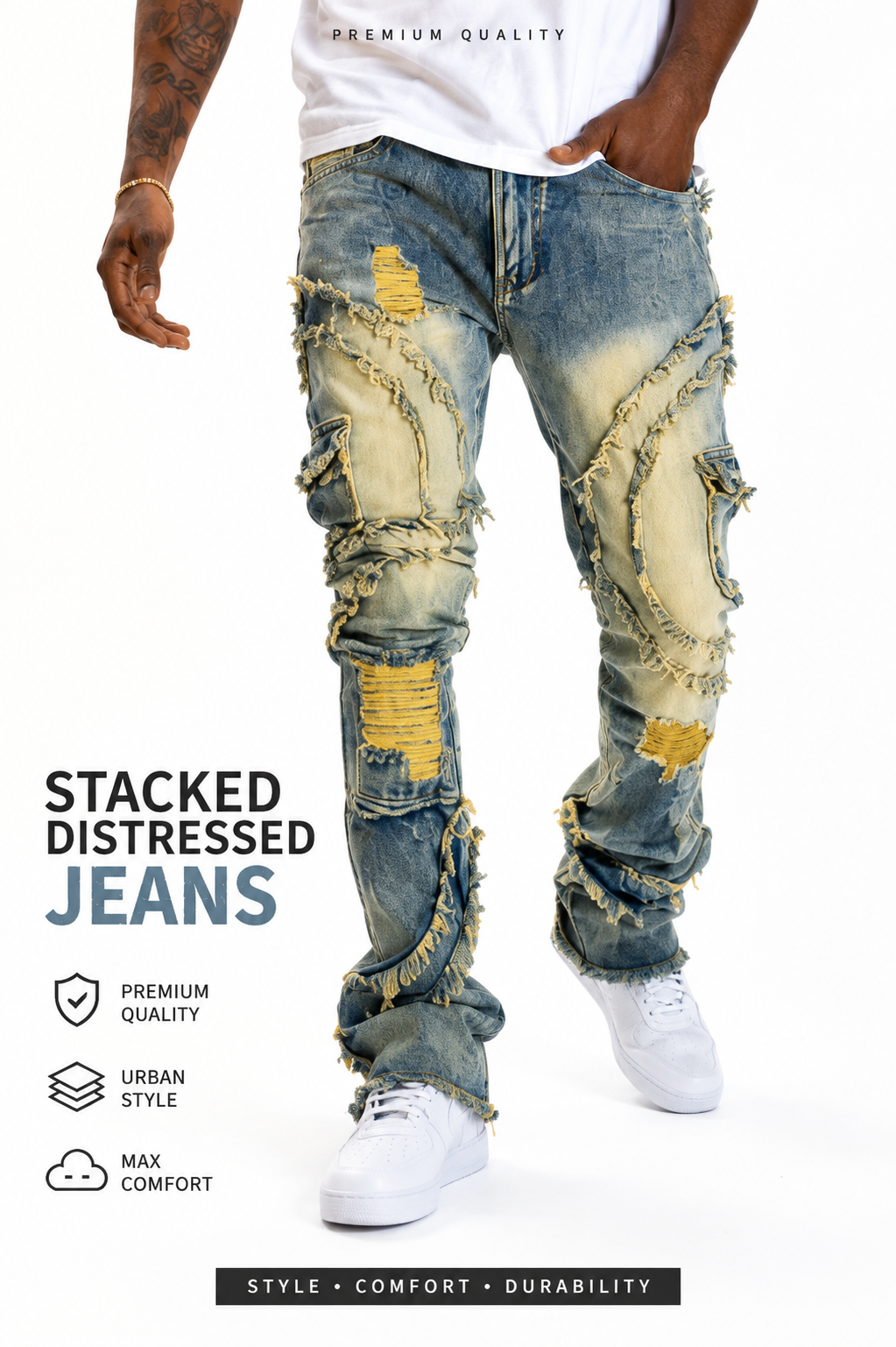 Men's Distressed Ripped Jeans - Yellow Fringe