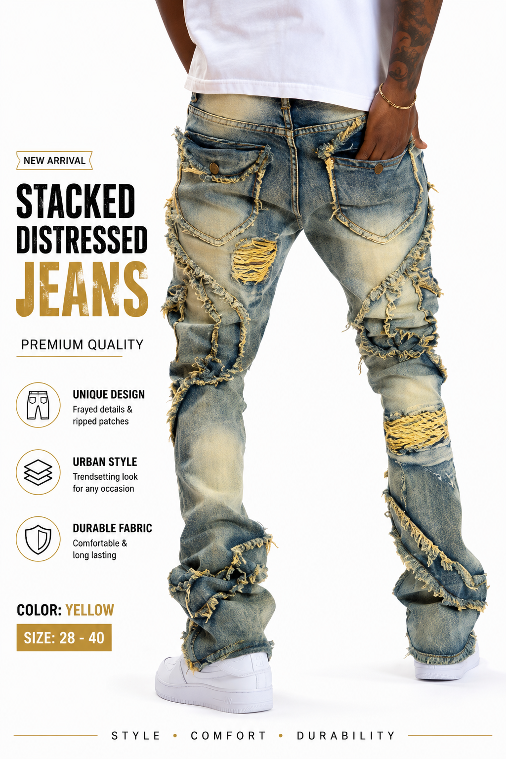 Men's Distressed Ripped Jeans - Yellow Fringe