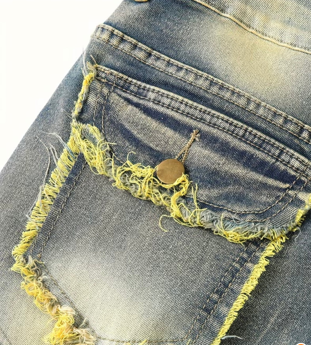 Men's Distressed Ripped Jeans - Yellow Fringe