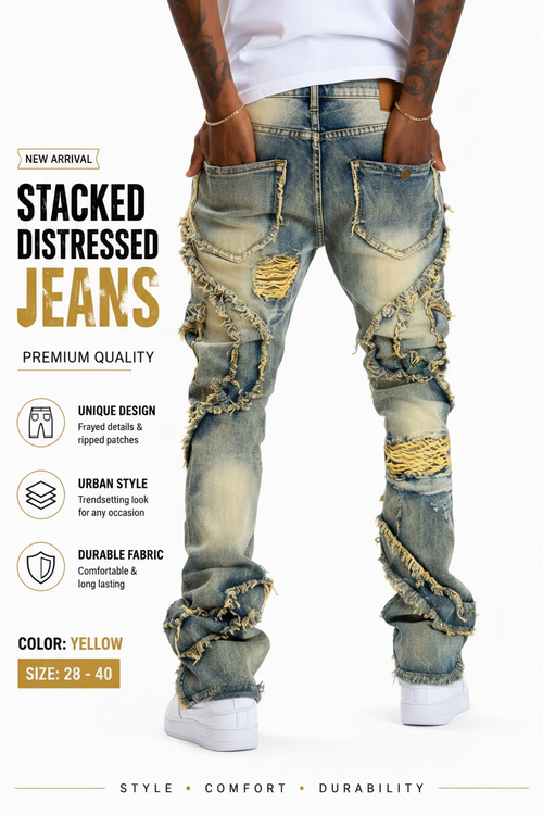 Stacked Distressed Jeans - Black Fringe Back