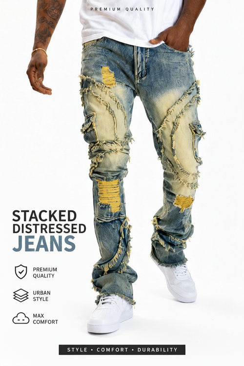 Stacked Distressed Jeans - Black Fringe Front